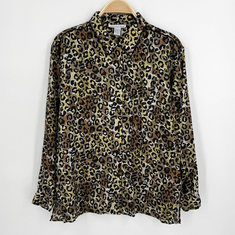 Vintage Womens Silk Button Up Shirt Size M Brown Leopard Print Collared Career